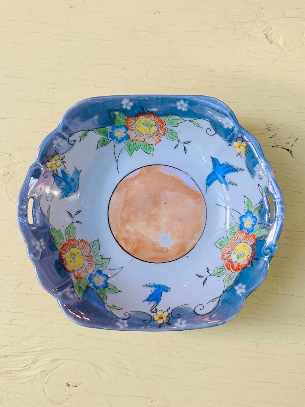 Vintage 1920s Japanese Lusterware Bowl Hand Painted Bird Floral Dish